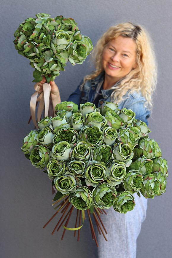 zielony bukiet róż i hortensji, Rosallia Green, dł.52cm