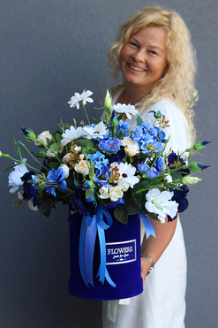 flowerbox welurowy z kwiatową dekoracją, Szafirowa Noc, wys.49cm