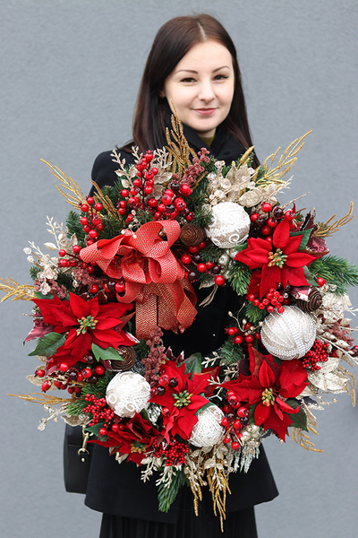 duży bożonarodzeniowy wianek z gwiazdą betlejemską, Magiczna Czerwień, śr. 55 cm 