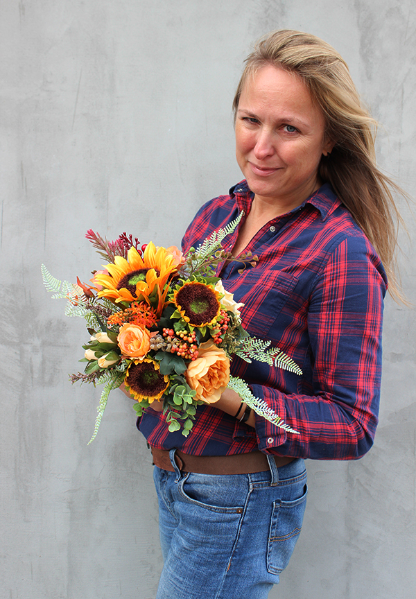 Słoneczniki, mini kompozycja w jesiennym klimacie, wys.19cm 