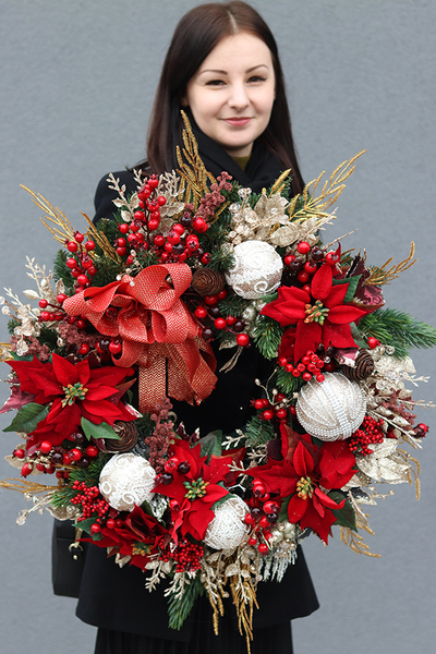 duży bożonarodzeniowy wianek z gwiazdą betlejemską, Magiczna Czerwień, śr. 55 cm 