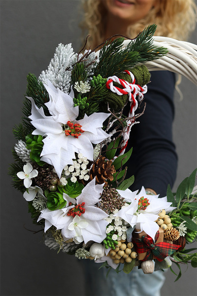 Biała Gwiazda Betlejemska, świateczny wianek, śr.48cm
