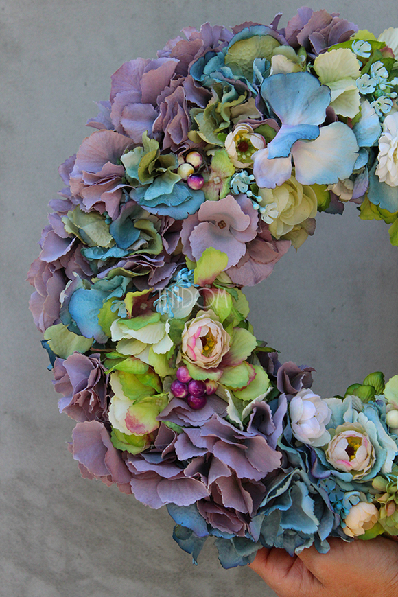 śliczny wianek na drzwi Niebiesko - Zielona Dolina, śr.33cm 