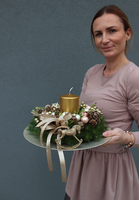 elegancki świąteczny stroik, Złote Święta, na złotym talerzu, śr.32cm