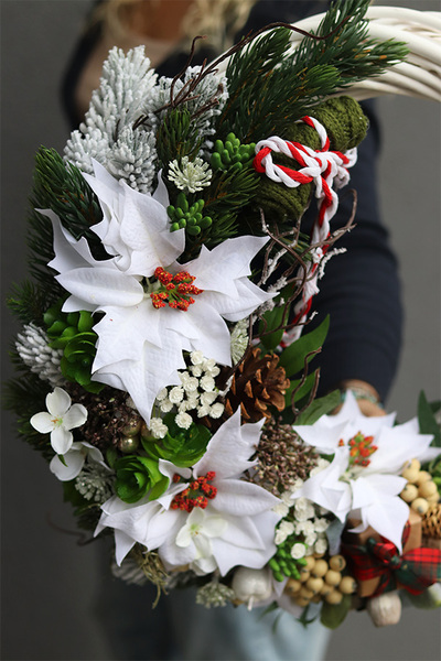 Biała Gwiazda Betlejemska, świateczny wianek, śr.48cm