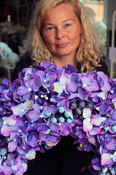 Fioletowa Hortensja Beti z borówką, ogromny wianek śr.60cm