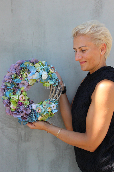 śliczny wianek na drzwi Niebiesko - Zielona Dolina, śr.33cm 