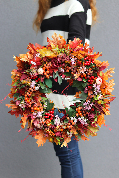 kolorowy jesienny wianek, Pomarańczowe Liście, śr.45cm   