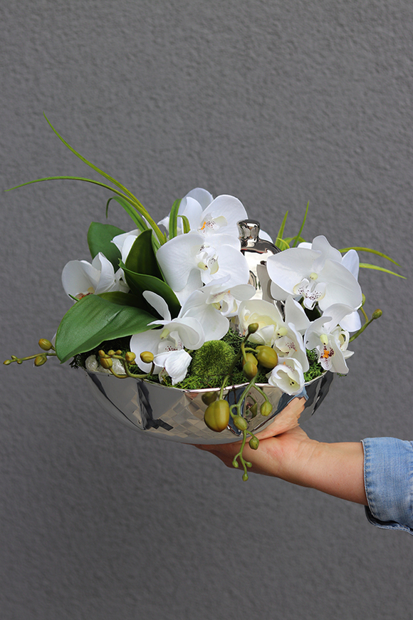 Dekoria Pear, storczyk kompozycja kwiatowa w srebrnym naczyniu, wym.22x23cm