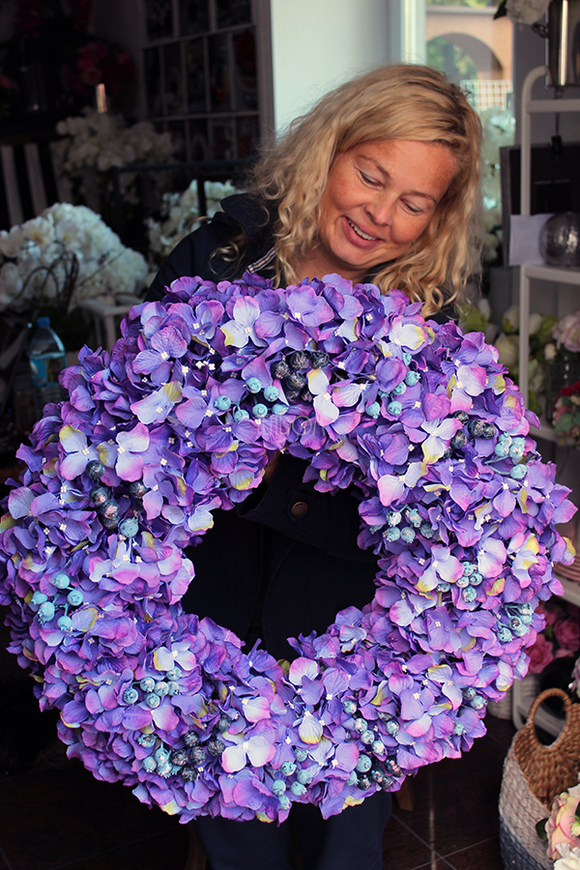 Fioletowa Hortensja Beti z borówką, ogromny wianek śr.60cm