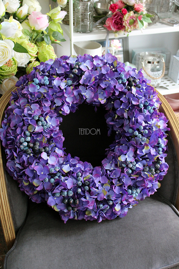 Fioletowa Hortensja Beti z borówką, ogromny wianek śr.60cm