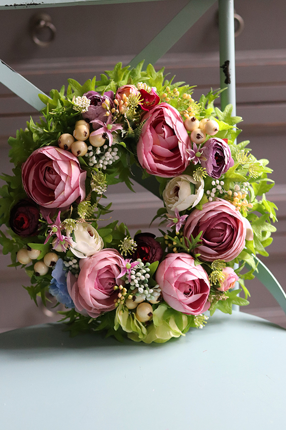 dekoracyjny wianek kwiatowy z pełnikami, Nessa, śr. 28cm