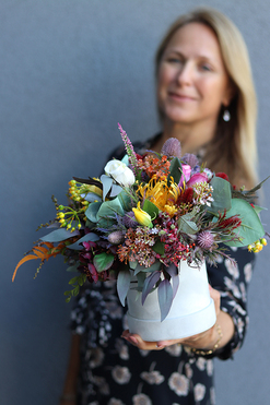 jesienny welurowy flowerbox, Mirabella, wys.30cm 