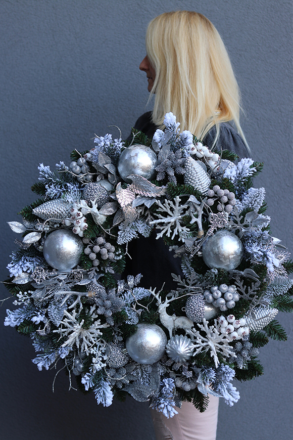 duży bożonarodzeniowy wieniec, Srebrzysta Zima, śr.69cm 