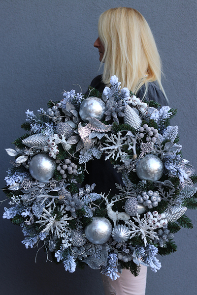 duży bożonarodzeniowy wieniec, Srebrzysta Zima, śr.69cm 