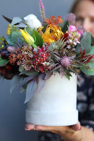 jesienny welurowy flowerbox, Mirabella, wys.30cm 