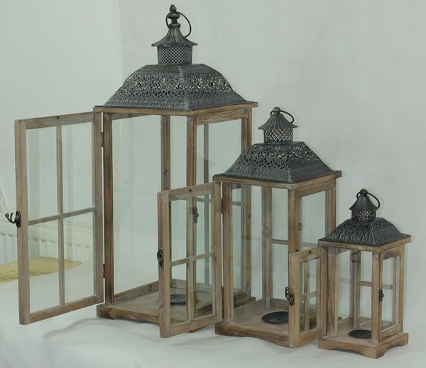 komplet dużych drewnianych lampionów, Dharma, wys.73/50/34cm