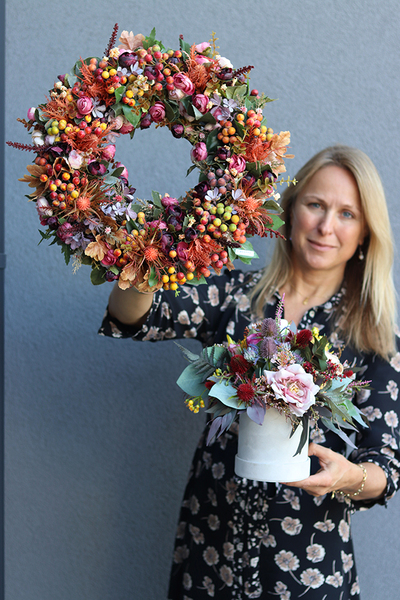 jesienny welurowy flowerbox, Mirabella, wys.30cm 