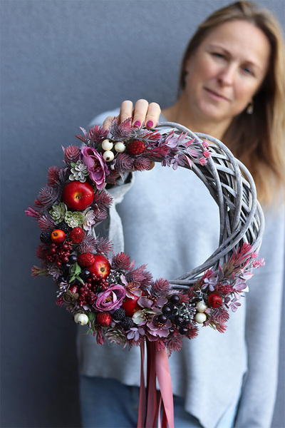 Apple Autumn, asymetryczny wianek jesienny z wstęgami, śr.36cm  