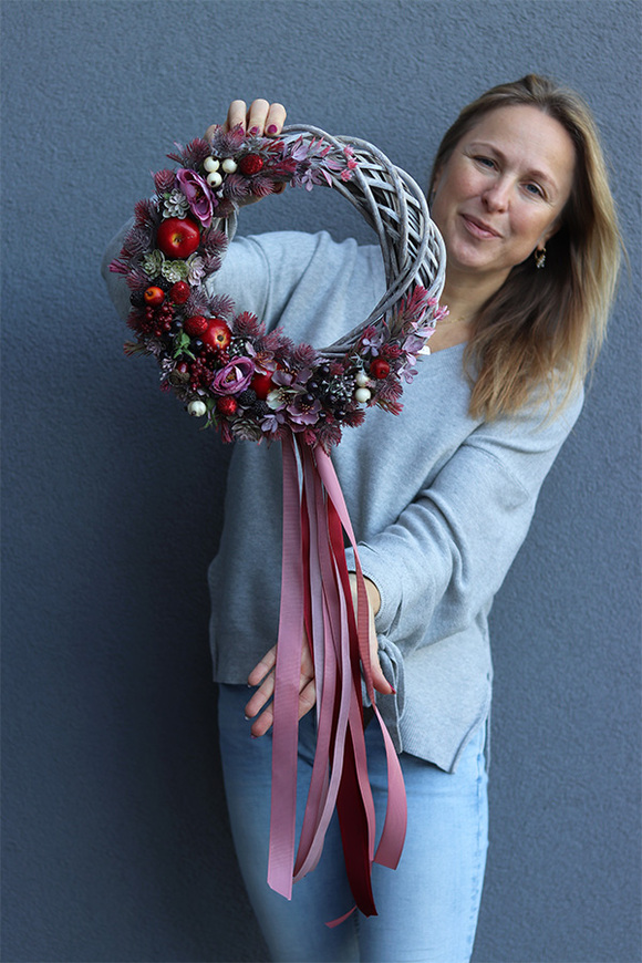 Apple Autumn, asymetryczny wianek jesienny z wstęgami, śr.36cm  