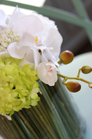 biało-zielony bukiet kwiatów w szklanym wazonie, Orchideano, wys.27cm