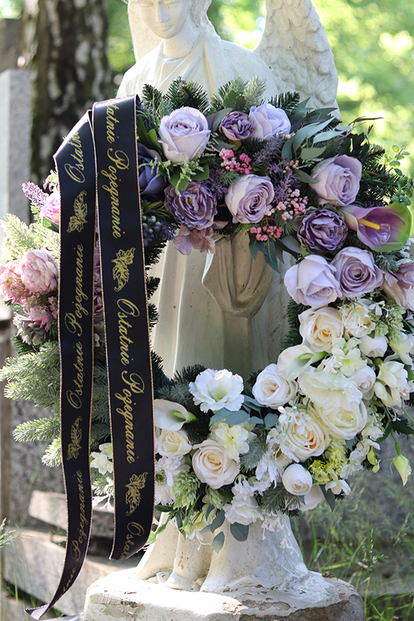 Fioletowe Marzenie, wieniec pogrzebowy / wiązanka nagrobna ze wstęgą, śr.60cm 