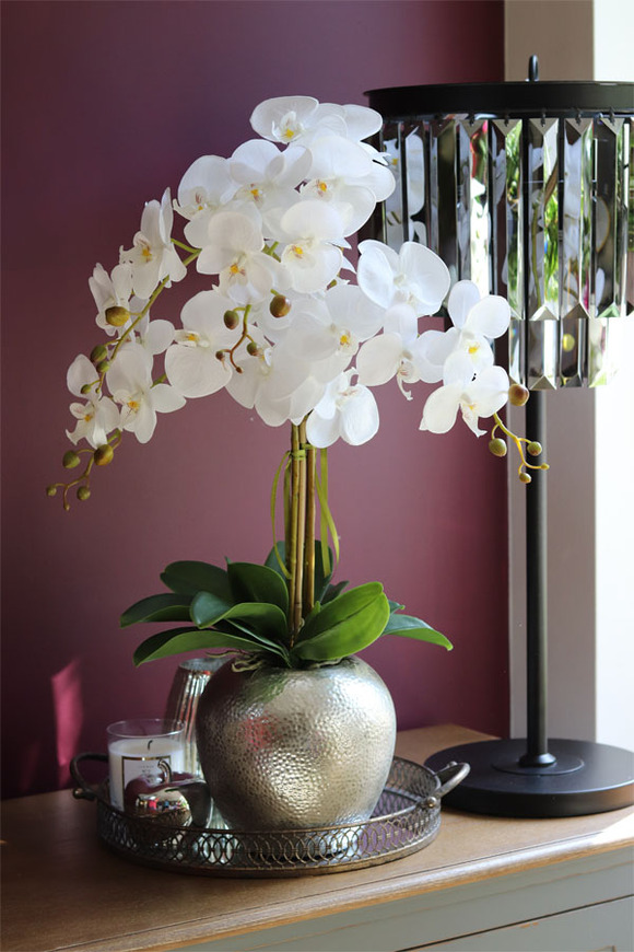 elegancki storczyk w srebrnym kulistym naczyniu, Kumari, wys.72cm 