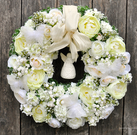 dekoracyjny wianek na drzwi stroik na stół Pierwsza Komunia, śr.40cm