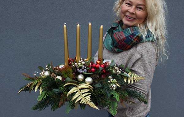 Christmas Decoration, zloty stroik / kompozycja na stół, wym.20x32x54cm