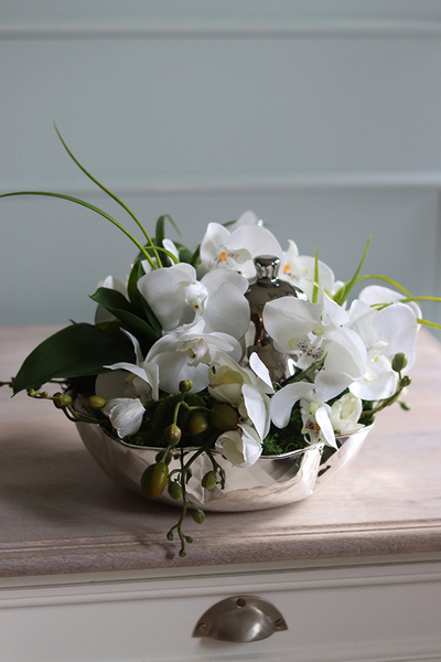 Dekoria Pear, storczyk kompozycja kwiatowa w srebrnym naczyniu, wym.22x23cm