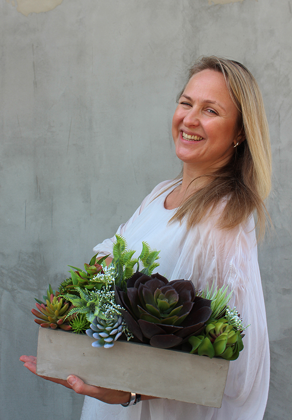 Moderna 2, kompozycja sukulentów w cementowej donicy, wys.25cm