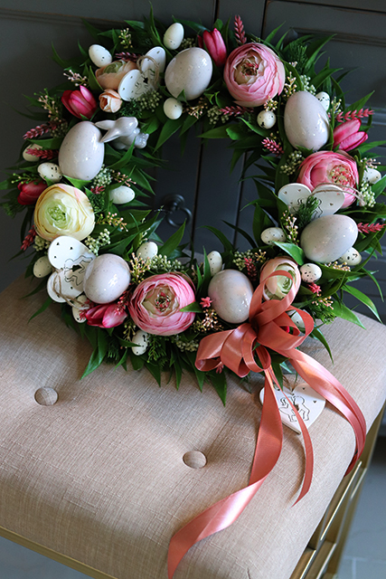 Kerrano, wianek w pastelowej wiosennej kolorystyce z jajkami, śr.38cm