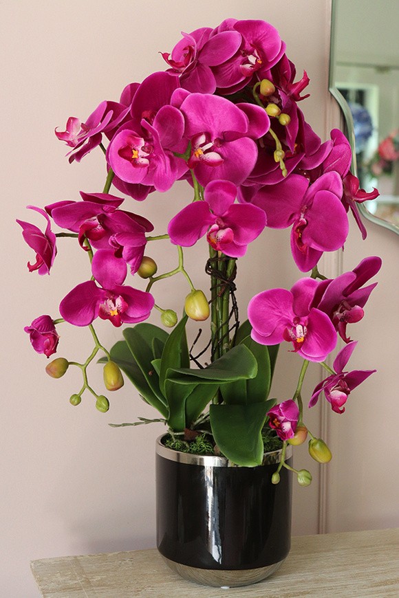 Fuksjowa Delicja, sztuczny storczyk w czarnej donicy, wys.60cm