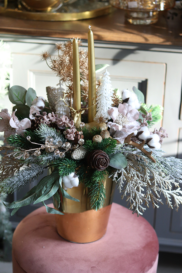 Golden Deer Premium, świąteczna kompozycja / stroik w złotym naczyniu, wys.51cm