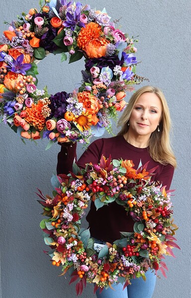 atrakcyjny kwiatowy wianek, Jesienna Muzyka, śr.44cm 