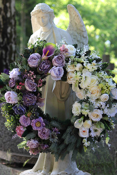 Fioletowe Marzenie, wieniec pogrzebowy / wiązanka nagrobna ze wstęgą, śr.60cm 