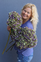 Hortensja Delux, gałązka sztucznej hortensji z listkami, fioletowo-zielona, 1szt., dł.56cm