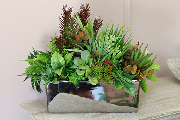 Maria Silver, kompozycja ze sztucznych sukulentów w donicy glamour, wys.25cm