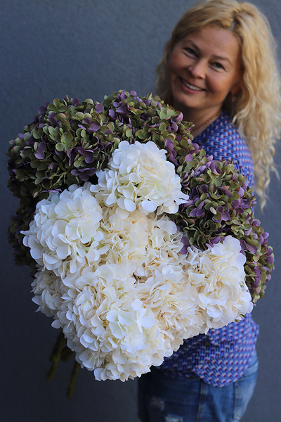 Hortensja Delux, gałązka sztucznej hortensji z listkami, fioletowo-zielona, 1szt., dł.56cm