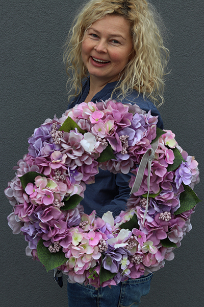 Fioletowe Hortensje, gęsty wianek na drzwi, śr.40cm 