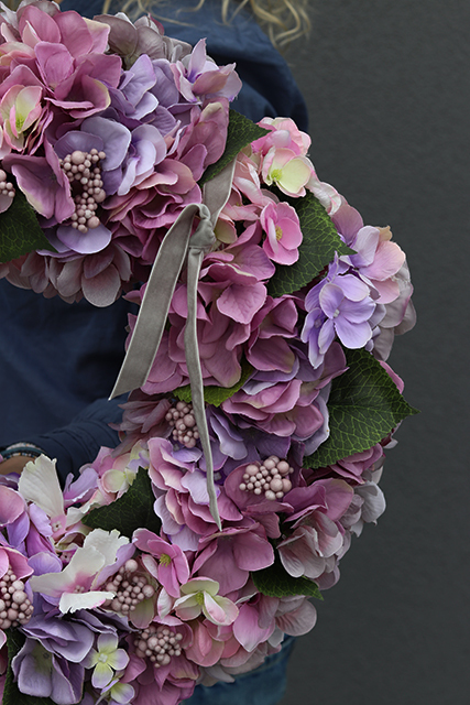 Fioletowe Hortensje, gęsty wianek na drzwi, śr.40cm 