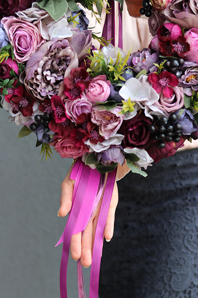 Fioletowa Malla, stonowany wianek z wstążkami, śr.44cm