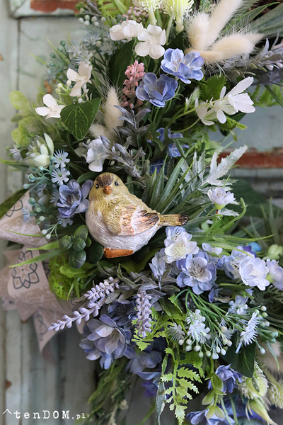 dekoracyjny wianek z ptaszkiem, Niebieska Łuna, śr.40cm