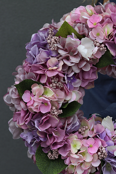 Fioletowe Hortensje, gęsty wianek na drzwi, śr.40cm 