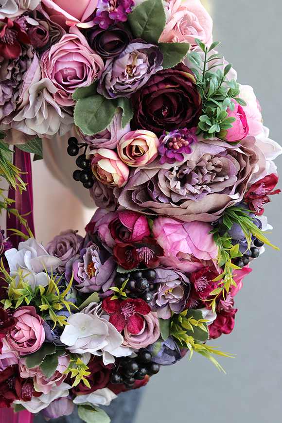 Fioletowa Malla, stonowany wianek z wstążkami, śr.44cm