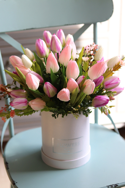 box kwiatowy / dekoracja na Wielkanoc, Tulipany Pink, wys.34cm