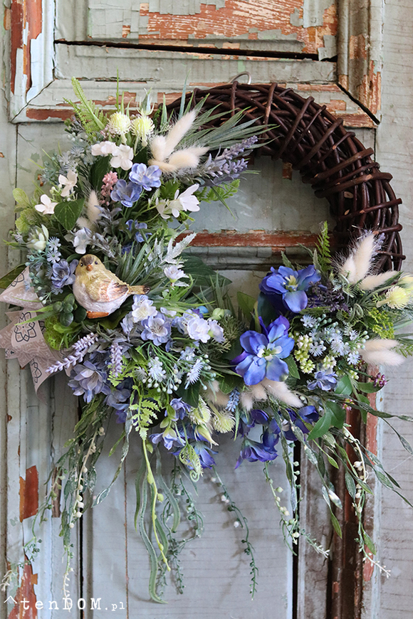 dekoracyjny wianek z ptaszkiem, Niebieska Łuna, śr.40cm