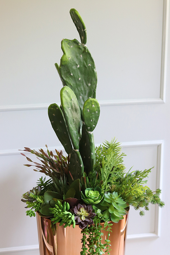Acapulco Golderia, sukulenty z kaktusem w miedzianej donicy, wys.130cm