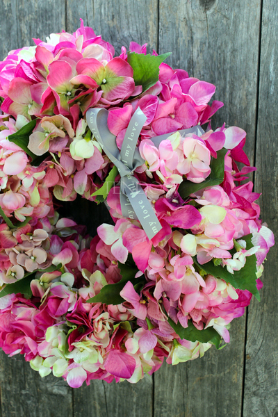 Różowa Hortensja wianek na drzwi, śr.40cm 