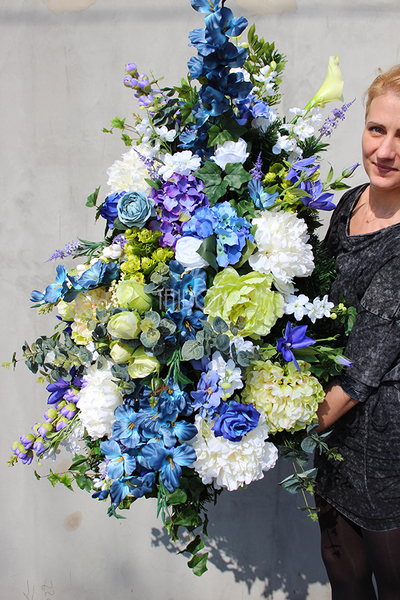 kompozycja kwiatowa dekoracja nagrobna Fiolet&amp;Niebieski dł.110cm, wys.40cm